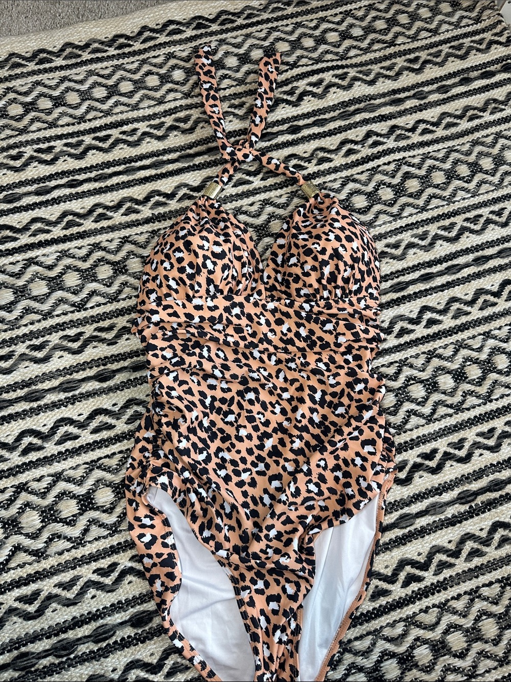 Leopard Print Halter One-Piece Swimsuit - Peach Black White